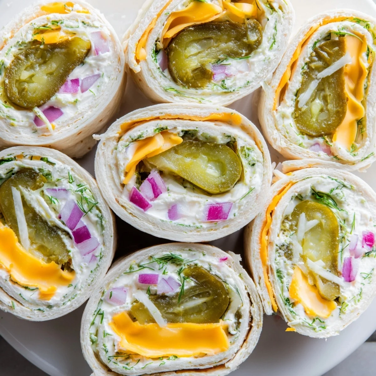 Crisp dill pickles wrapped in creamy cheese and soft tortillas for Pickle-in-a-Blanket.  