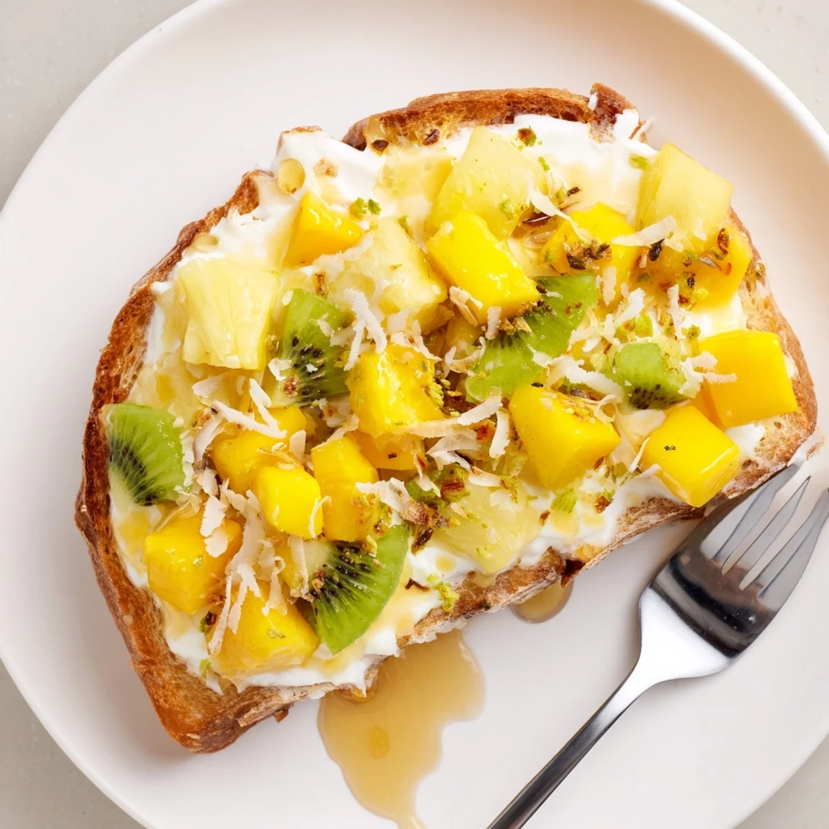 Decadent Yogurt-Custard Toast bursting with fresh fruit flavors and creamy coconut goodness.  