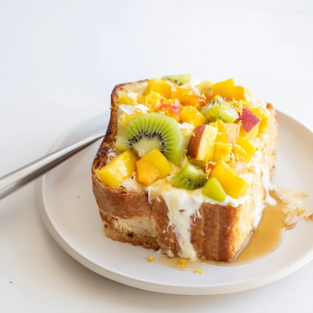 Sliced brioche Yogurt-Custard Toast drizzled with honey and piled high with kiwi.