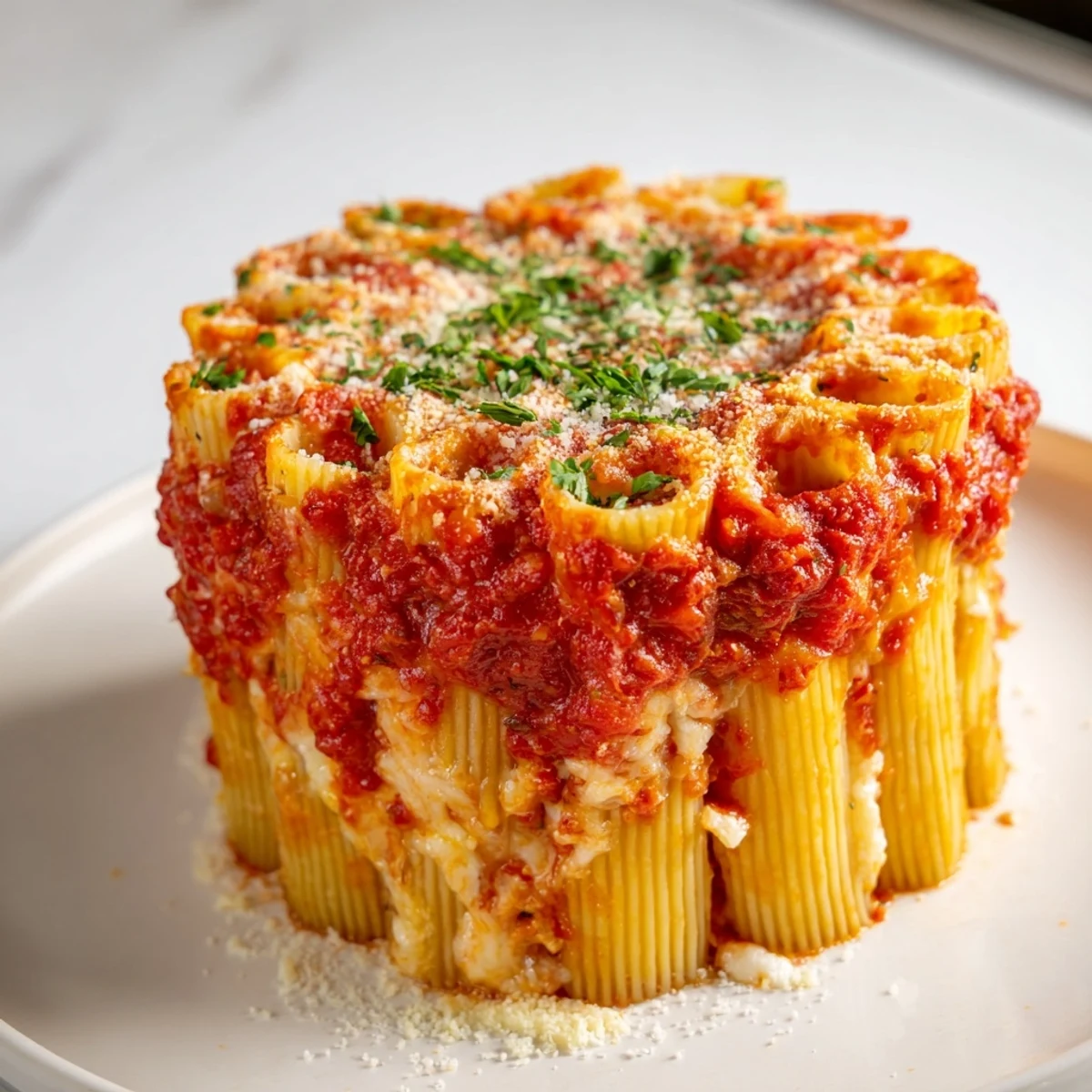 A beautifully layered honeycomb pasta cake sits on a wooden table.  