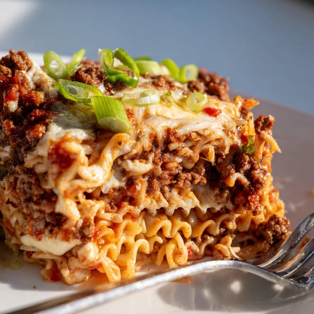 Delicious Spicy Ramen Lasagna layered with melty cheese and savory pork sauce.  