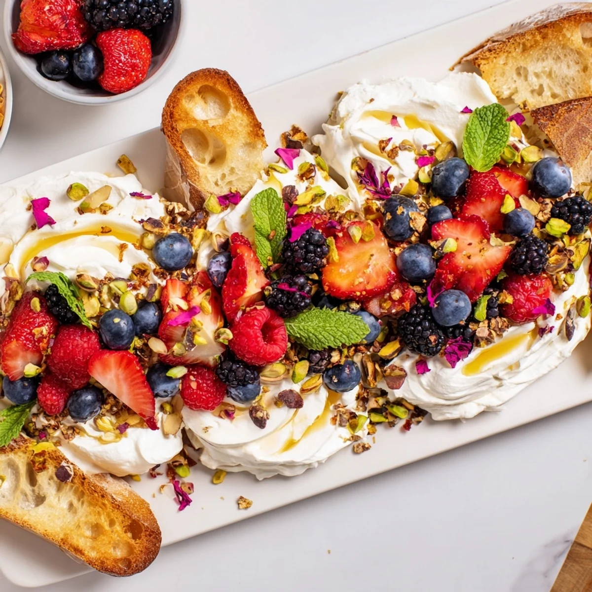 A colorful butter board dessert version topped with fresh berries and nuts.  