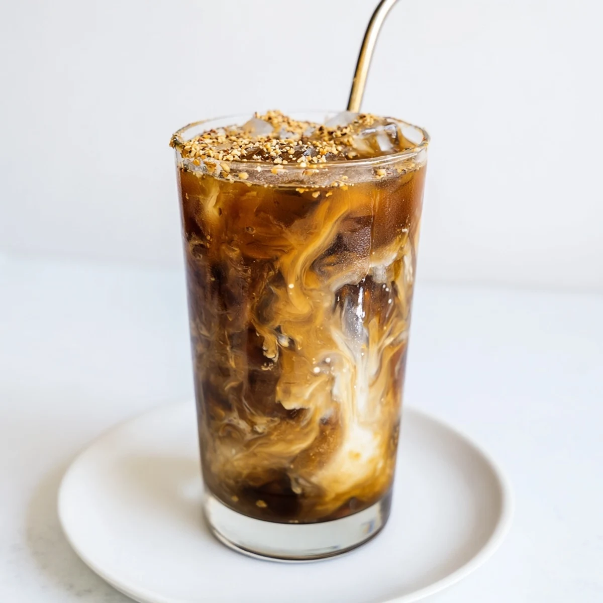 Vegan tahini iced coffee with maple syrup, ideal for morning energizing sips.