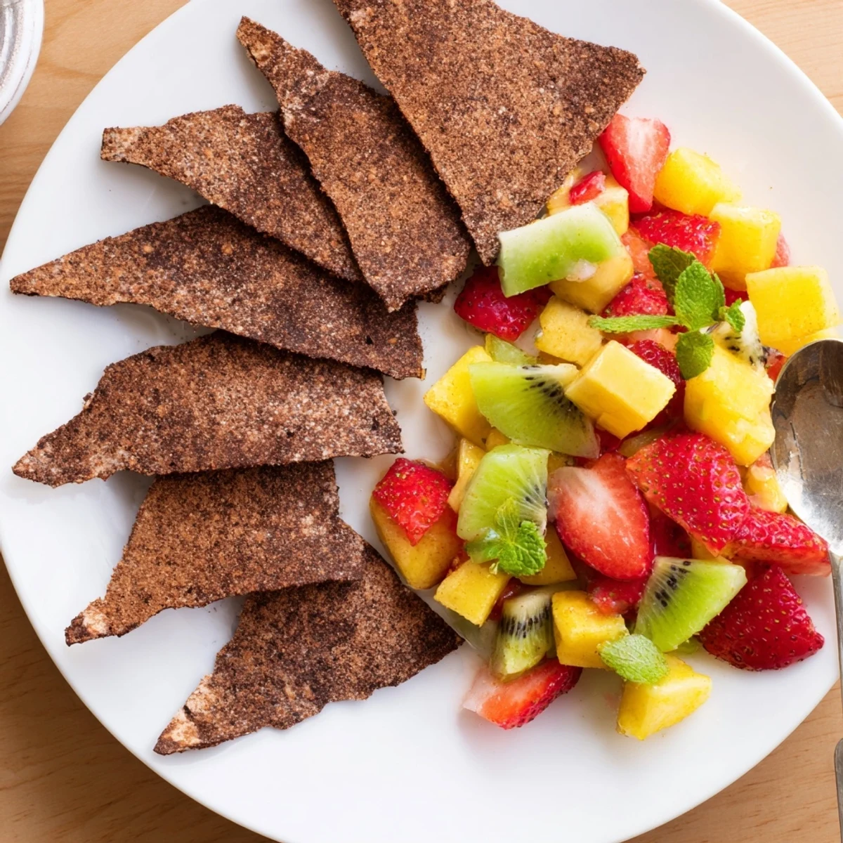 Homemade chocolate tortilla chips served with fresh and zesty fruit salsa.  