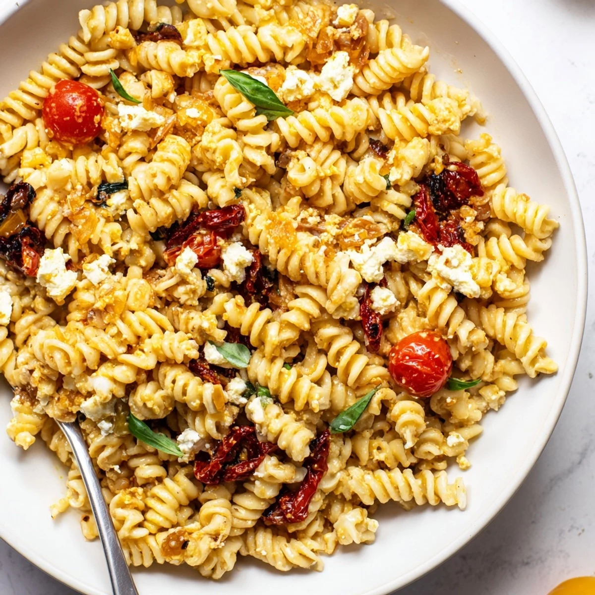 Creamy Baked Feta Pasta topped with caramelized onions and sun-dried tomatoes.  