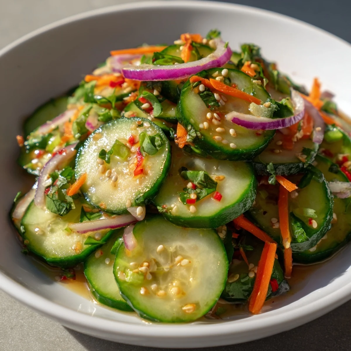 Refreshing cucumber salad remix garnished with sesame seeds and vibrant veggies.  