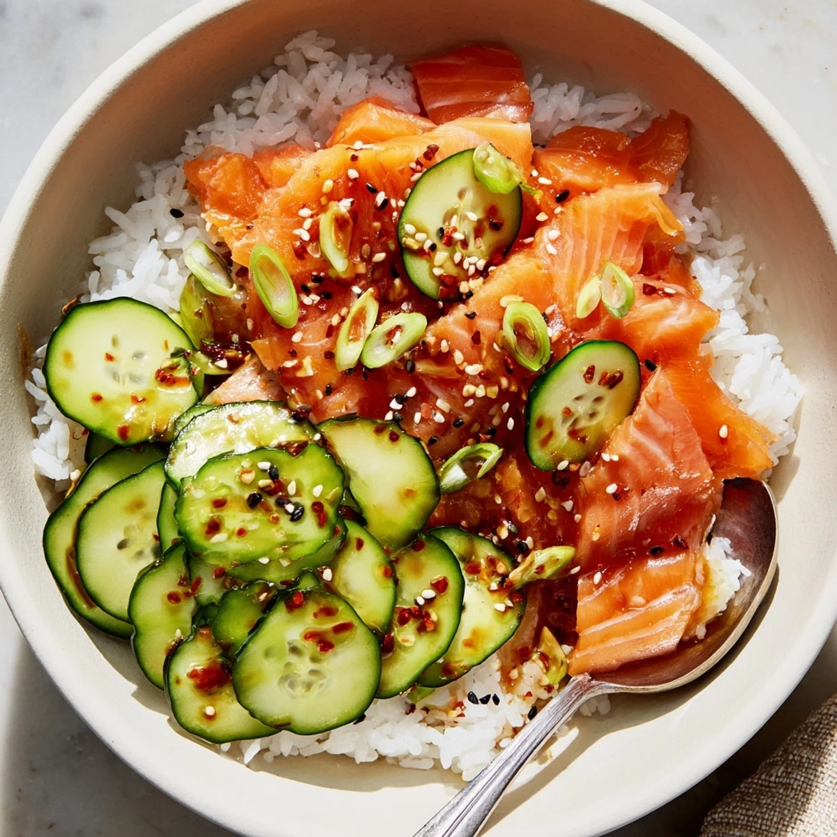 Quick and easy leftover salmon & rice bowl, drizzled with soy sauce and sesame oil.