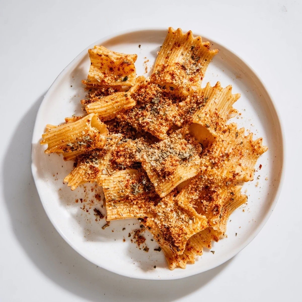 Flavorful pasta chips seasoned variety, a delicious vegetarian snack with spicy hints.  