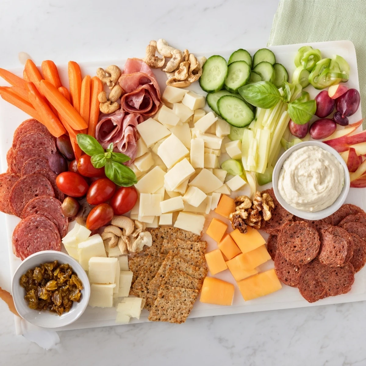 A colorful Girl Dinner Platter showcasing delicious cheeses, meats, and fresh fruits.  