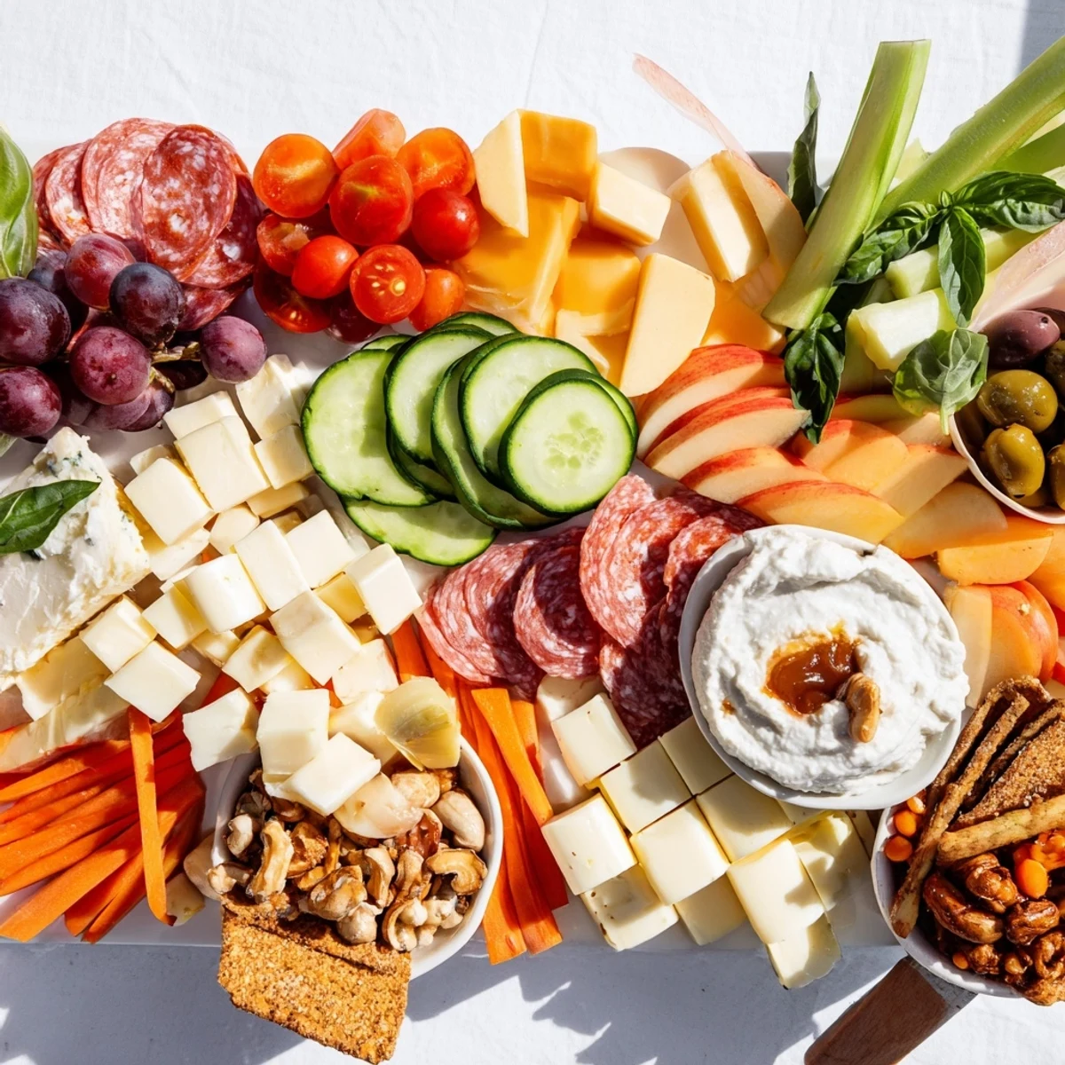 Enticing Girl Dinner Platter with vibrant vegetables, cheeses, and a variety of flavorful spreads.