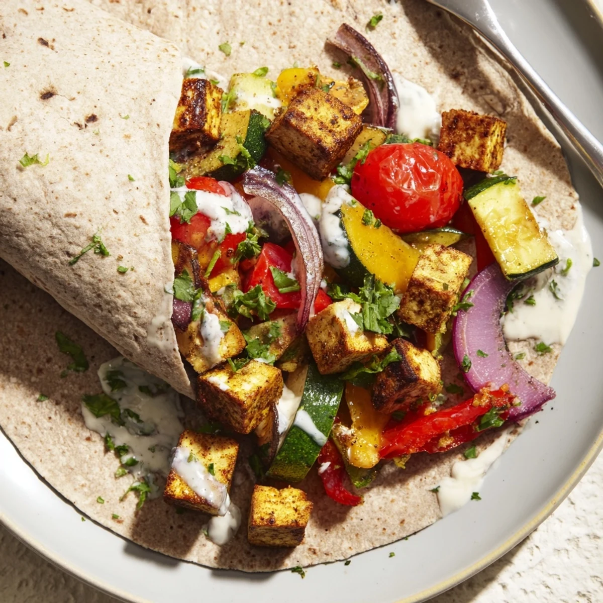 Colorful vegan viral recipe remake featuring roasted tofu and fresh vegetables.  