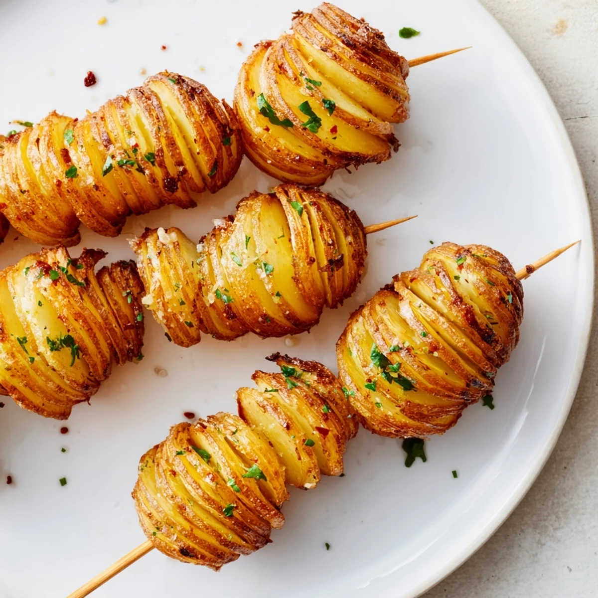 Crispy Air-Fryer Tornado Potatoes seasoned with garlic and smoked paprika on skewers.  