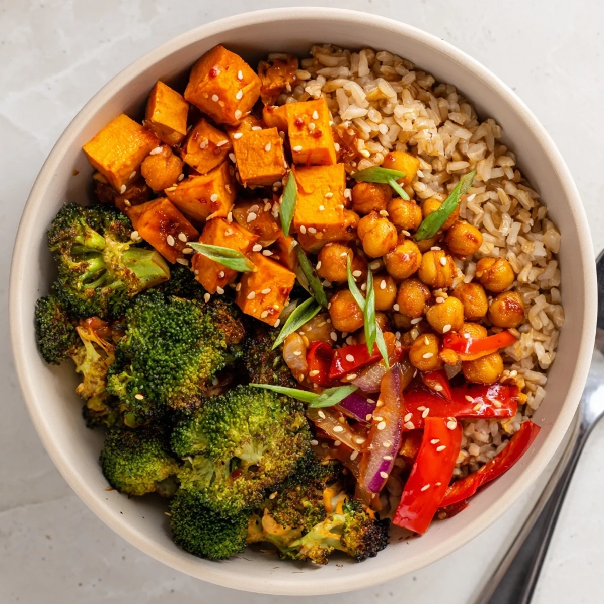 Hearty Bold Sauce Drizzle Bowls brimming with grains, vibrant vegetables, and spicy gochujang sauce.
