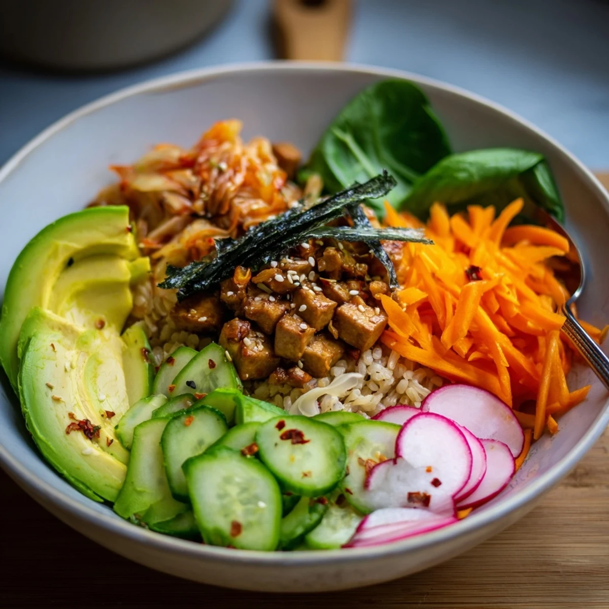 A colorful Fermented Vegetable Bowl topped with creamy avocado and tangy kimchi.  