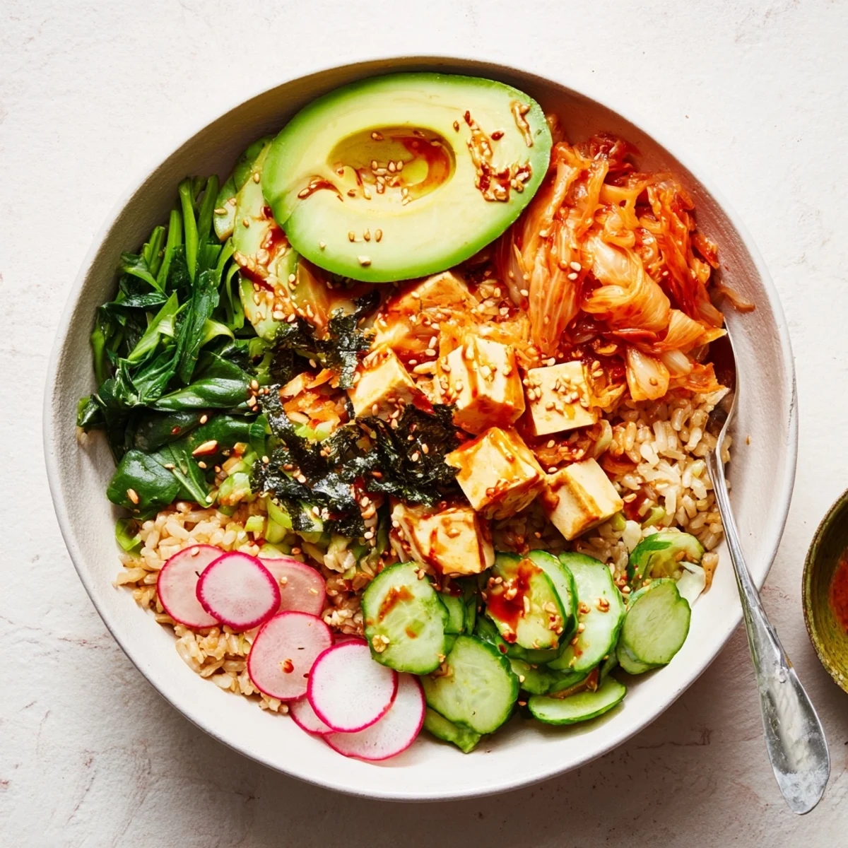 Delicious Fermented Vegetable Bowl featuring vibrant greens and a zesty sesame dressing.  