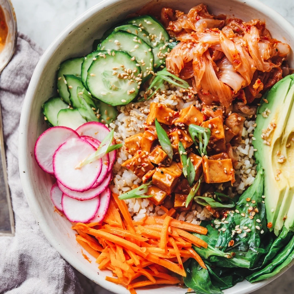 Wholesome Fermented Vegetable Bowl layered with grains, fresh veggies, and spicy chili flakes.