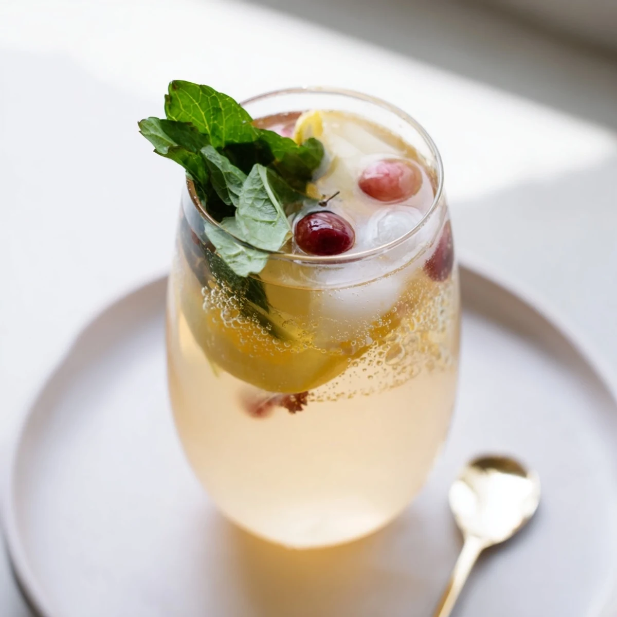 Homemade kombucha-style mocktails served over ice with herbs for a delightful finish.