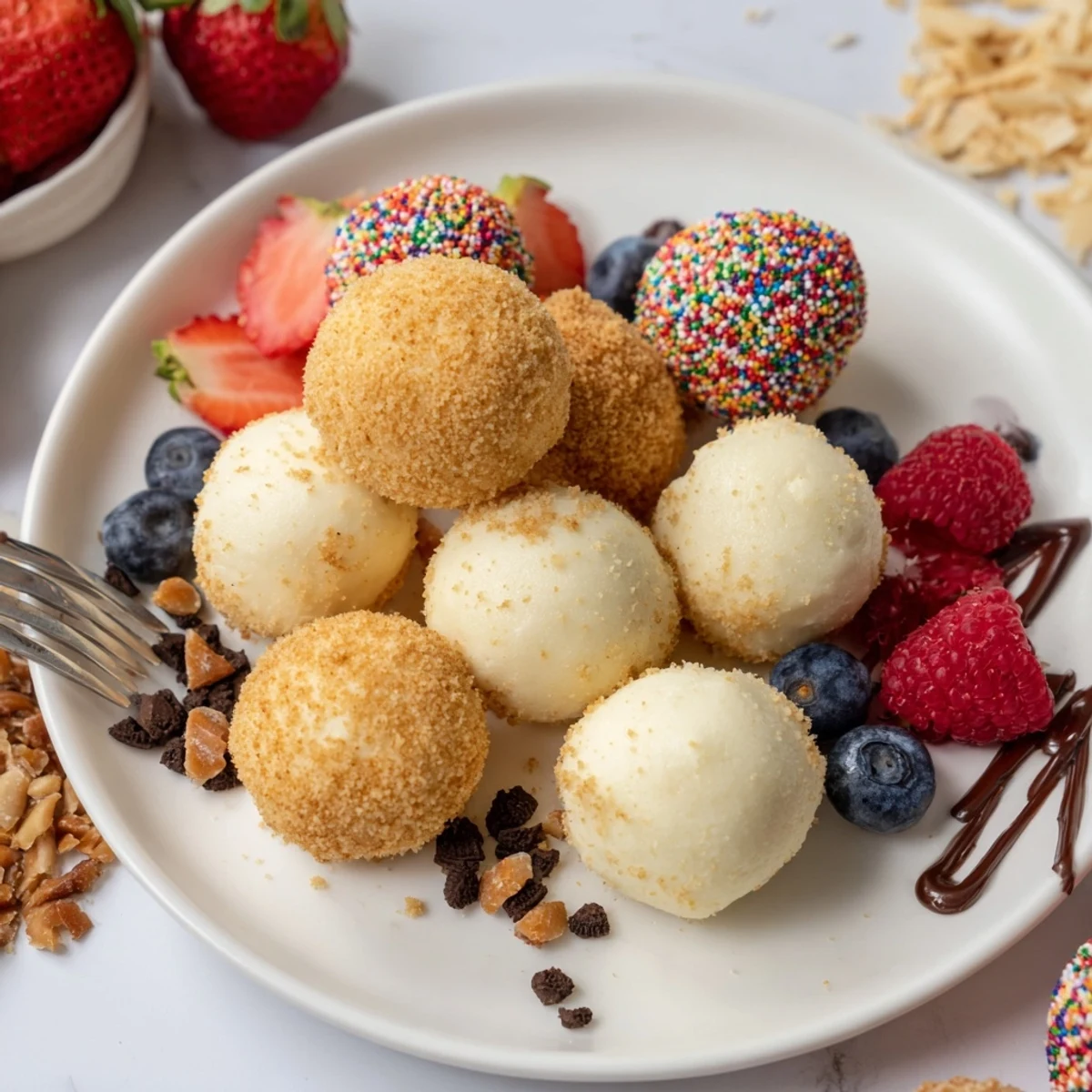 Delightful deconstructed dessert board featuring creamy cheesecake bites and vibrant fresh toppings.  