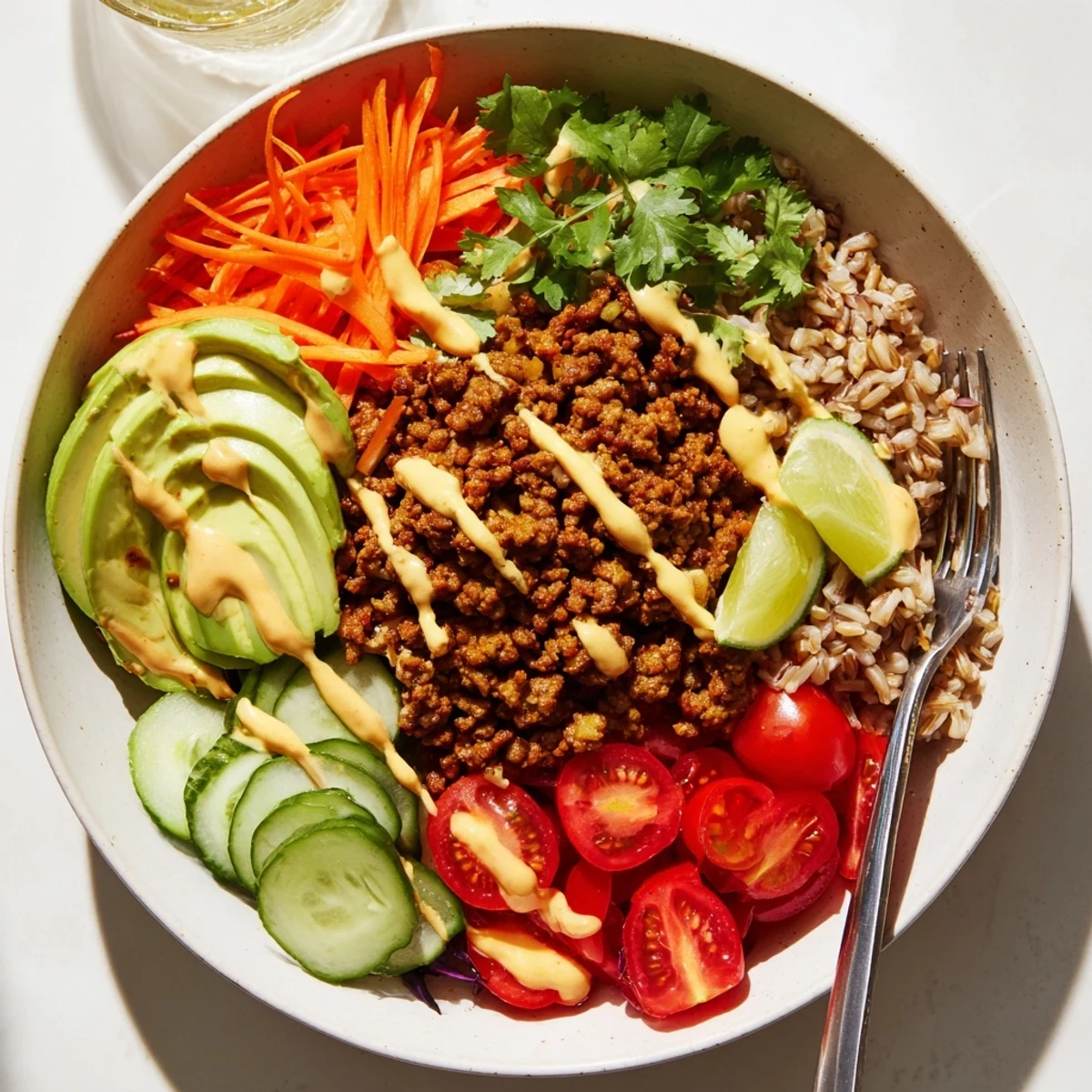 A colorful plant-based meat bowl loaded with fresh vegetables and vibrant toppings.  