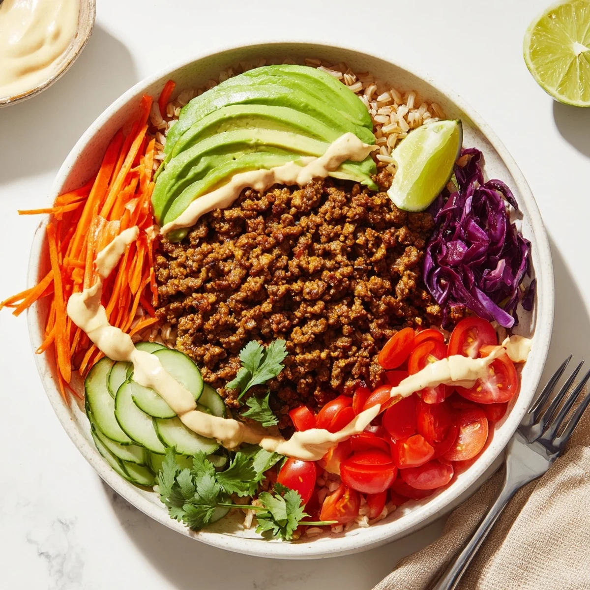 Wholesome plant-based meat bowl, featuring quinoa, colorful veggies, and creamy sauce.