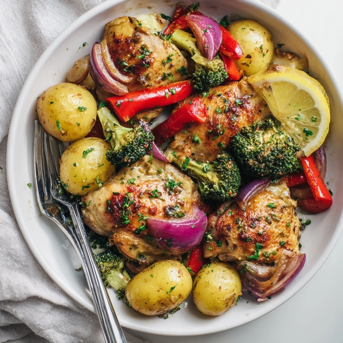 Juicy Lazy Gourmet Chicken & Vegetable One-Pot served with fresh parsley and lemon.  
