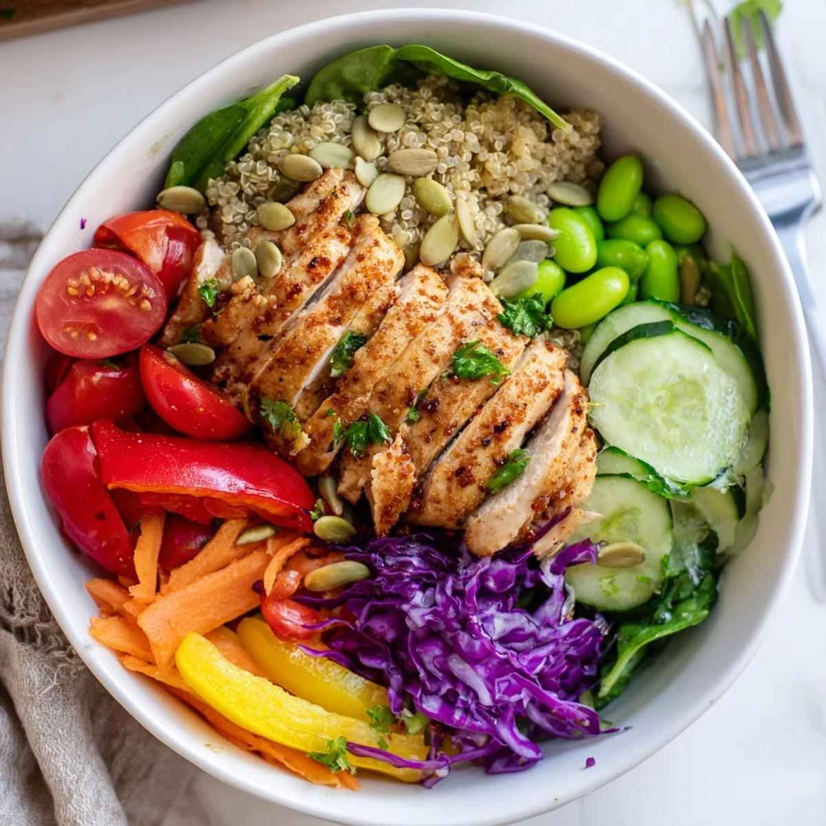 Colorful Healthy Meal-Prep Bowls featuring fresh vegetables and tender chicken slices.  