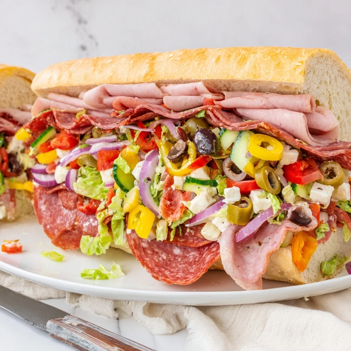 A vibrant Flavor Mash-Up Sandwich stacked with deli meats and fresh veggies.  