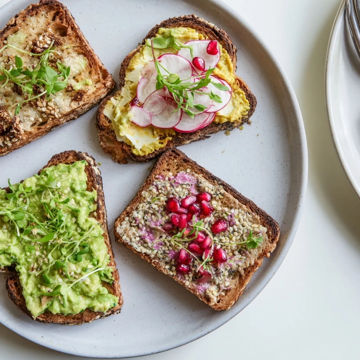 Vibrant Bright & Bold Breakfast Toasts topped with ube, avocado, and fresh garnishes.  