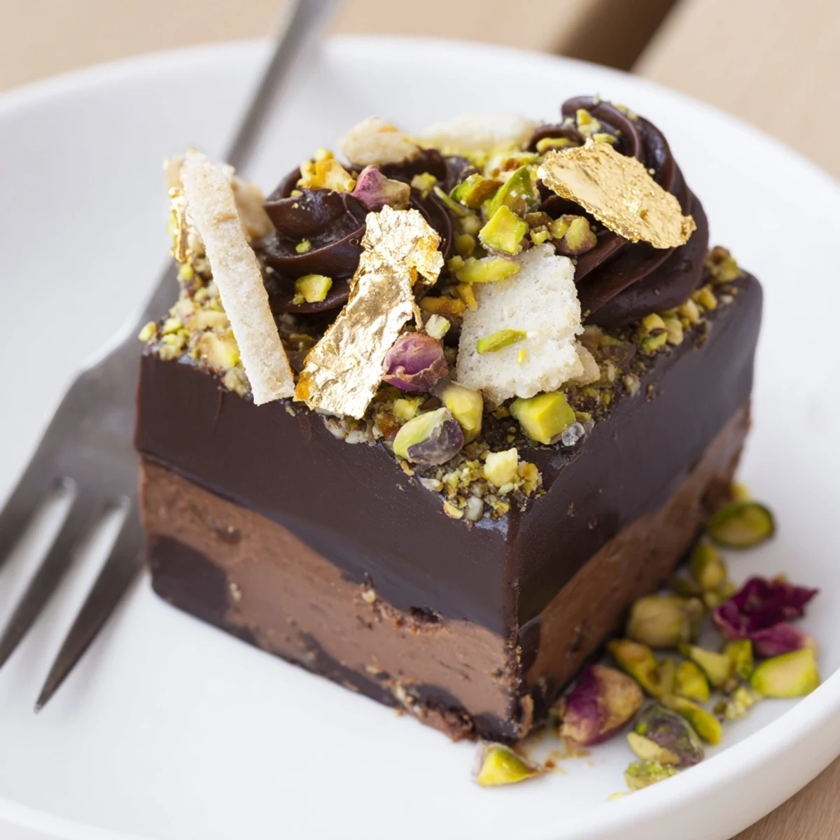 Decadent chocolate bar inspired creations topped with crushed pistachios and coconut.  