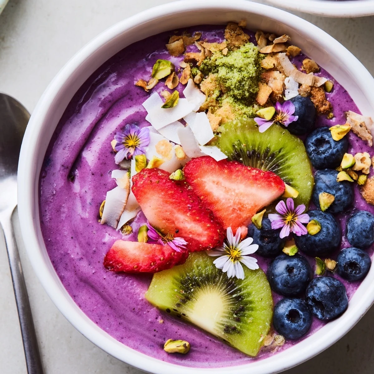 Colorful vibrant smoothie bowls adorned with fresh berries and crunchy toppings.  