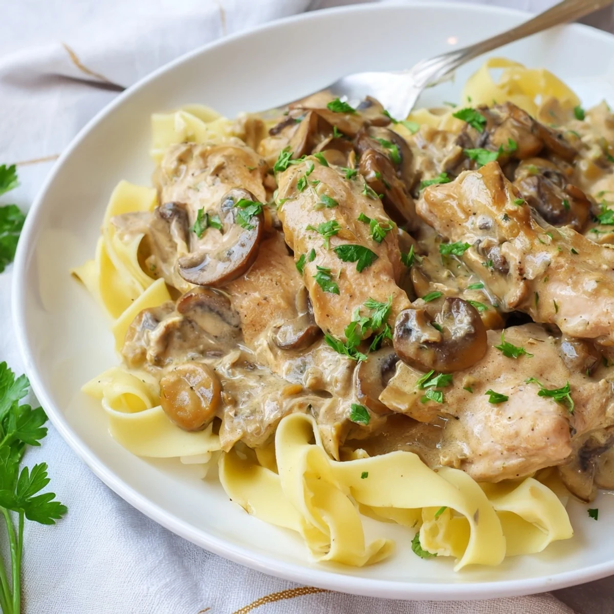 Creamy Chicken Stroganoff served over buttered noodles with fresh parsley garnish.  