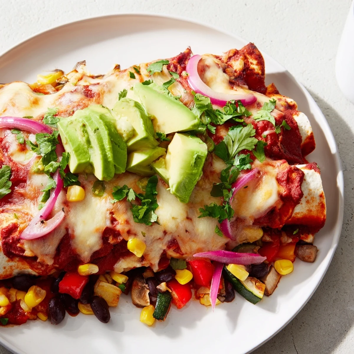 Colorful Farmers Market Vegetarian Enchiladas topped with melted cheese and fresh cilantro.  