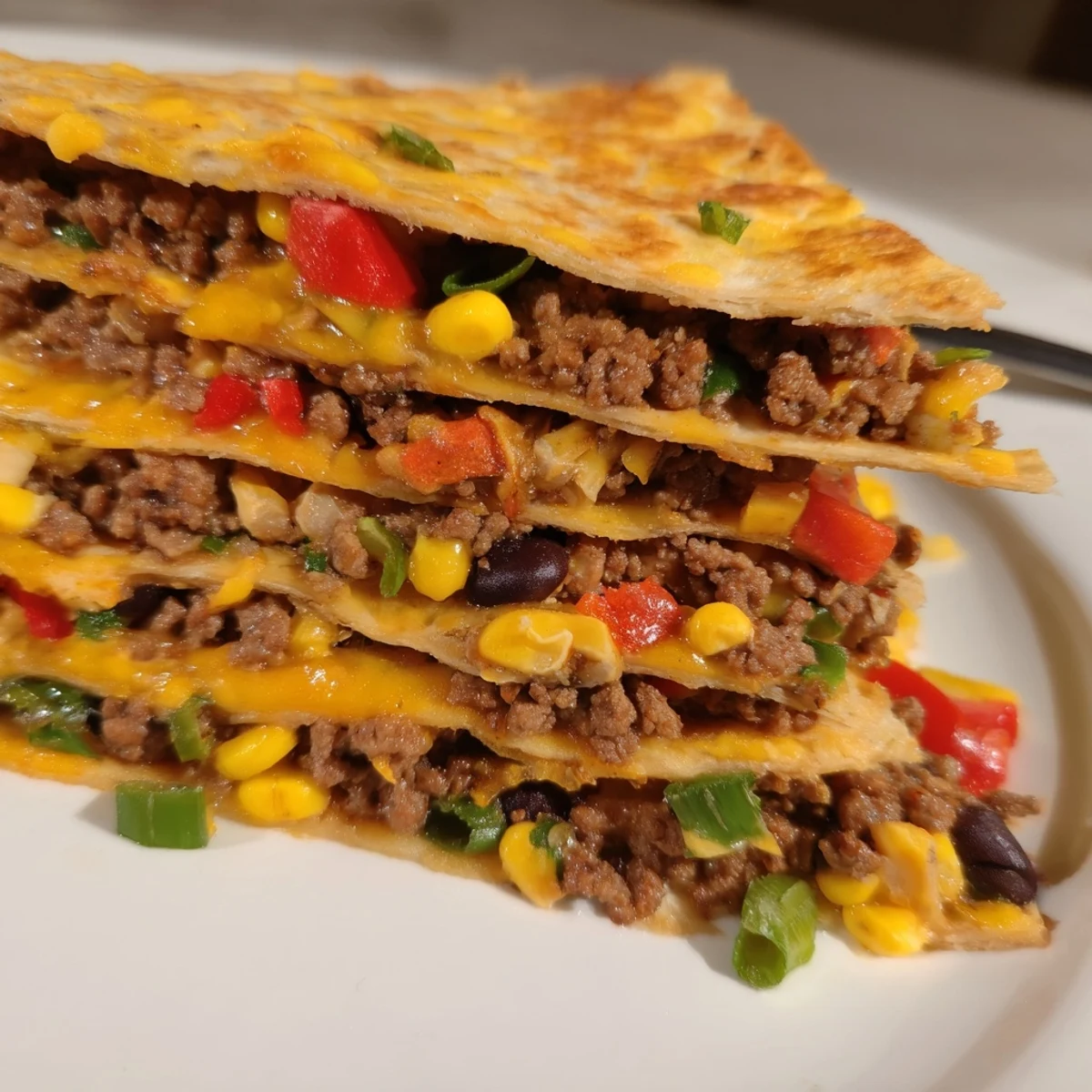 Crispy Sheet Pan Quesadillas with Beef filled with cheese and colorful veggies.