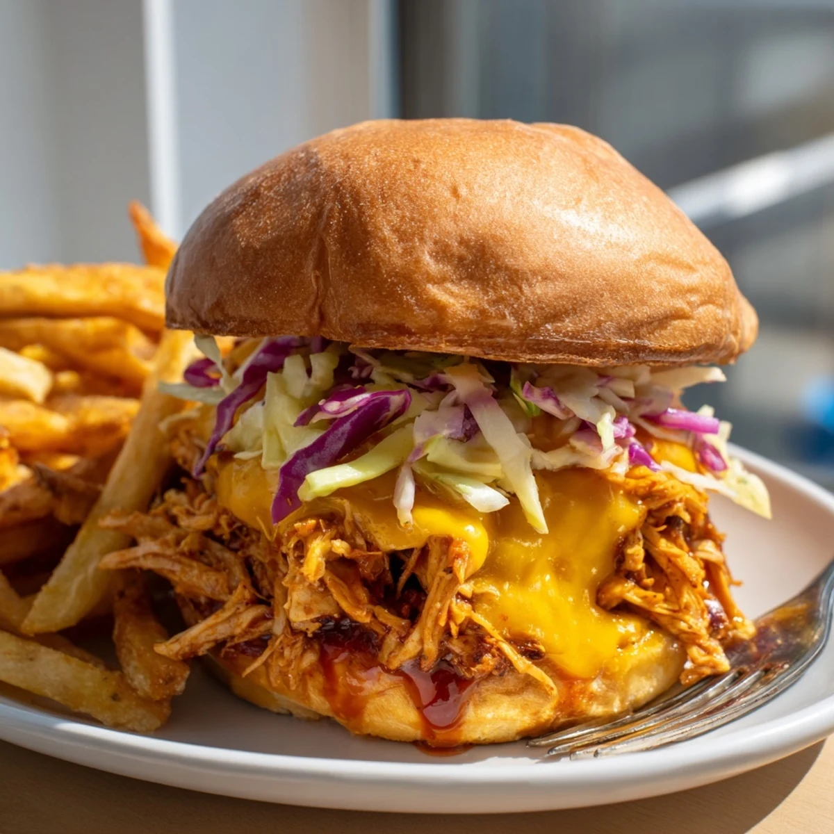 Savory shredded BBQ chicken sliders with cheddar cheese and crispy fries on the side.