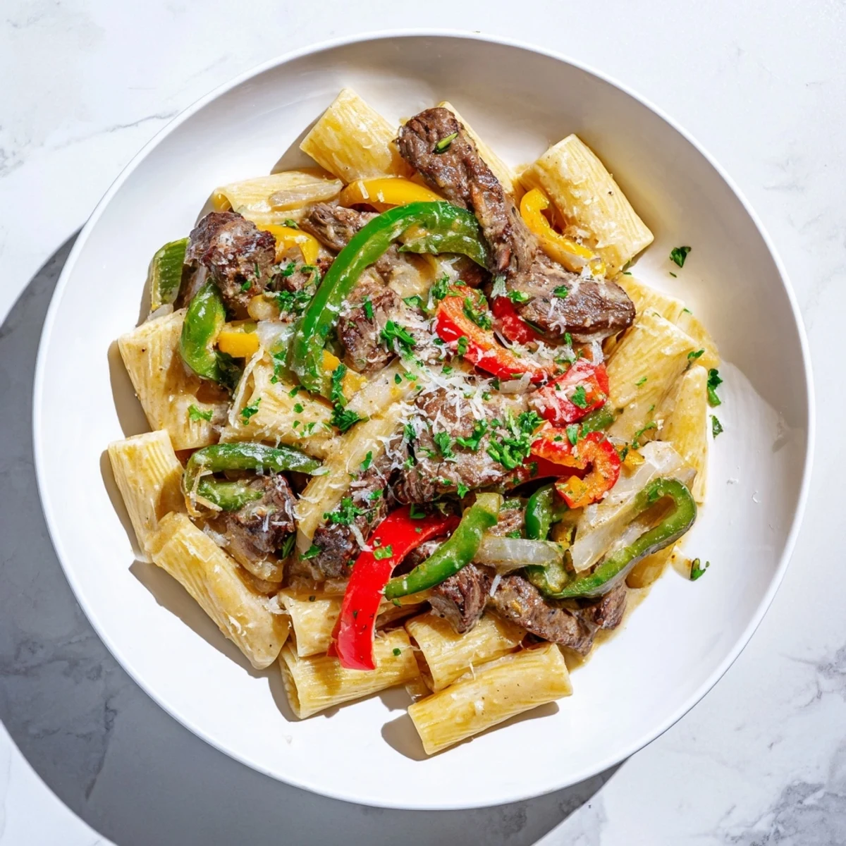 Delicious Philly Cheese Steak Pasta, featuring tender beef and vibrant peppers in a rich sauce.  