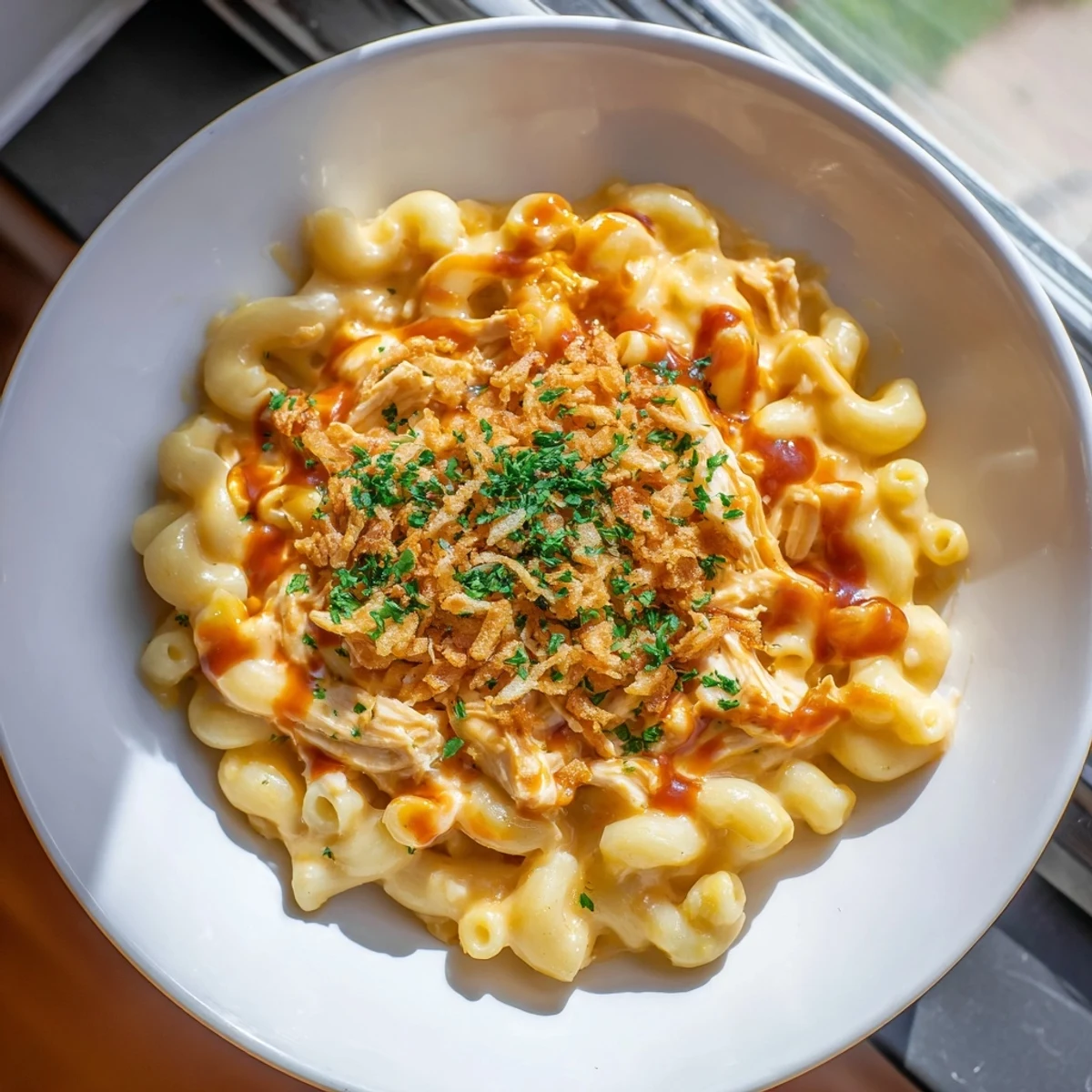 A close-up of creamy One-Pot Honey BBQ Chicken Mac and Cheese shows tender chicken and warm, cheesy goodness.
