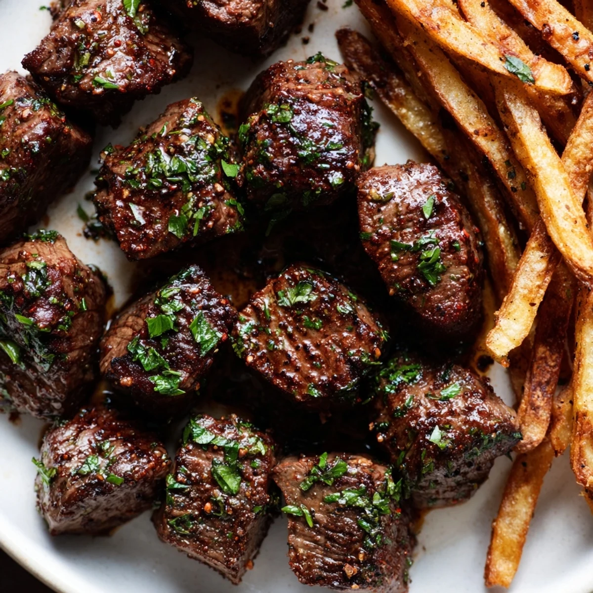 Sizzling, blackened Cajun steak bites served alongside a pile of golden-brown, crispy fries.