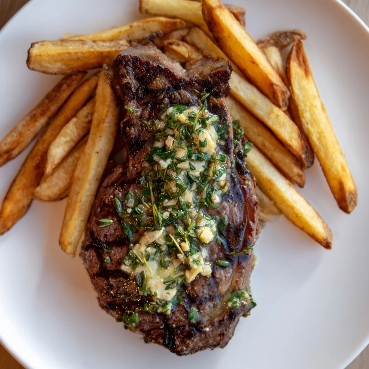 Sizzling Steakhouse Garlic Butter Steak & Fries, a mouthwatering main dish with golden-brown fries.