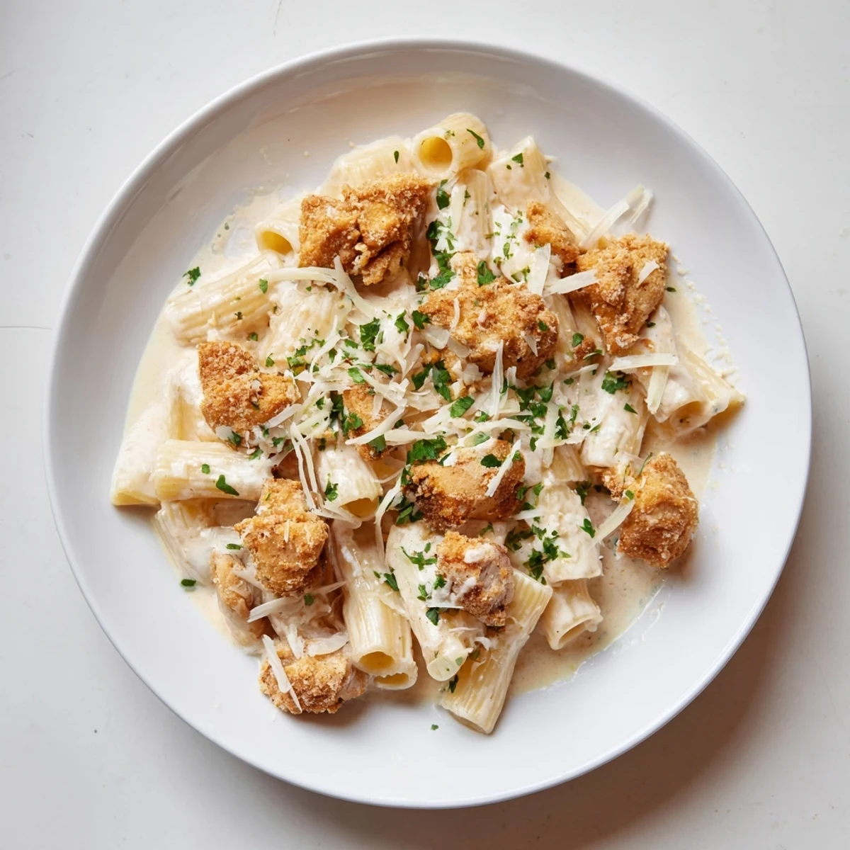 Creamy Garlic Parmesan Chicken Rigatoni with golden chicken and rich, bubbling, cheesy sauce.