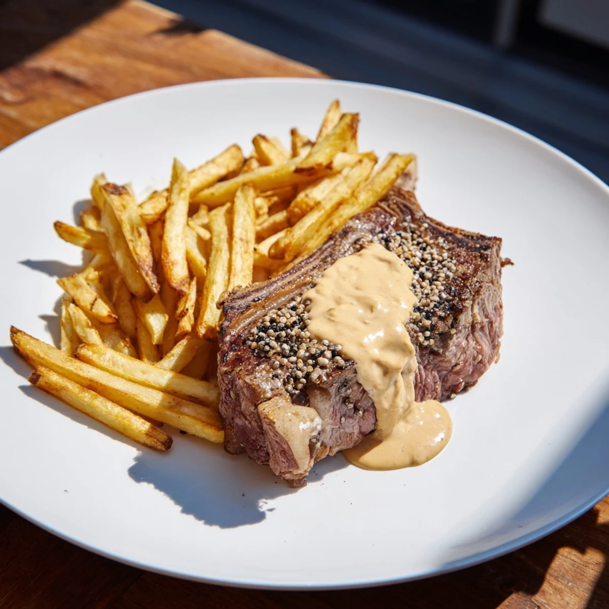 Juicy Classic Peppercorn Ribeye with golden fries: a perfectly seared steak, ready to enjoy.