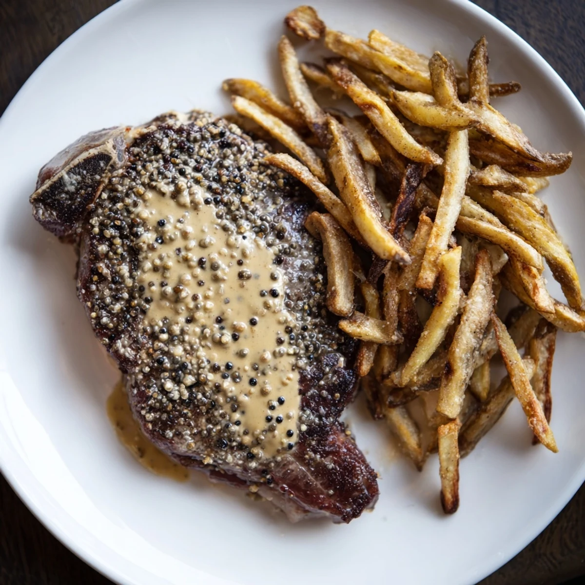 Savor the aroma: a delightful plate of Classic Peppercorn Ribeye with those irresistible, crispy fries.