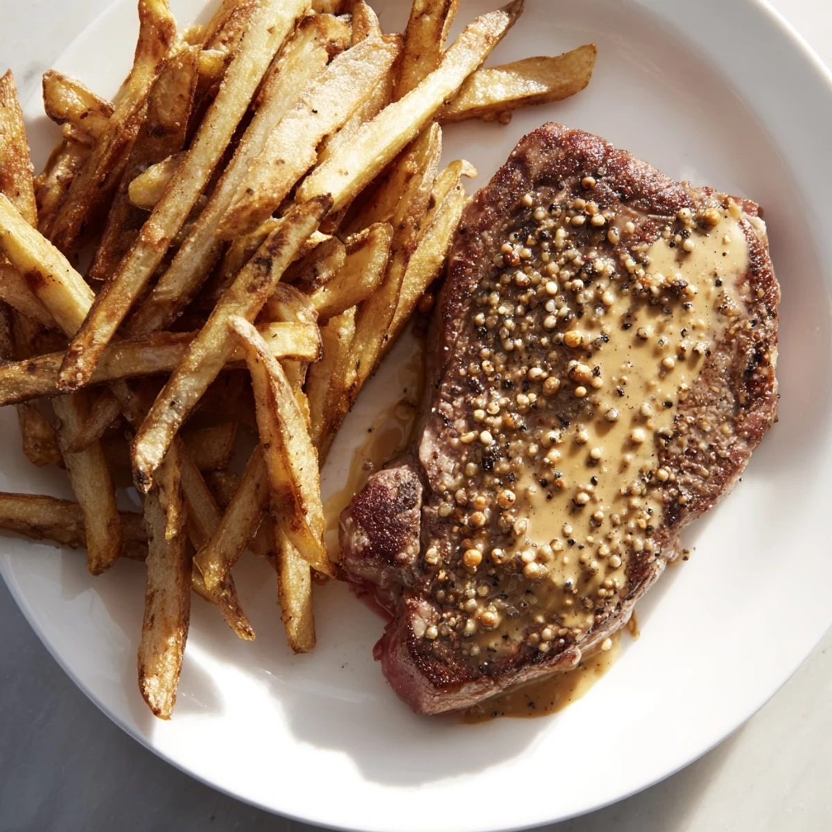 Seared Classic Peppercorn Ribeye, glistening and flavorful, contrasted with crispy, golden French fries.