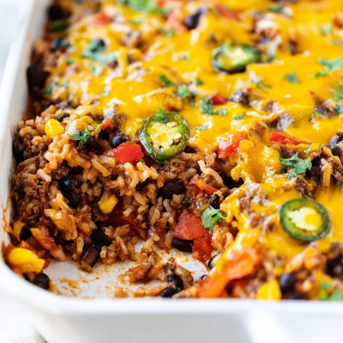 A bubbling dish of hearty Tex-Mex Beef & Rice Casserole, ready to be served and garnished with fresh cilantro.