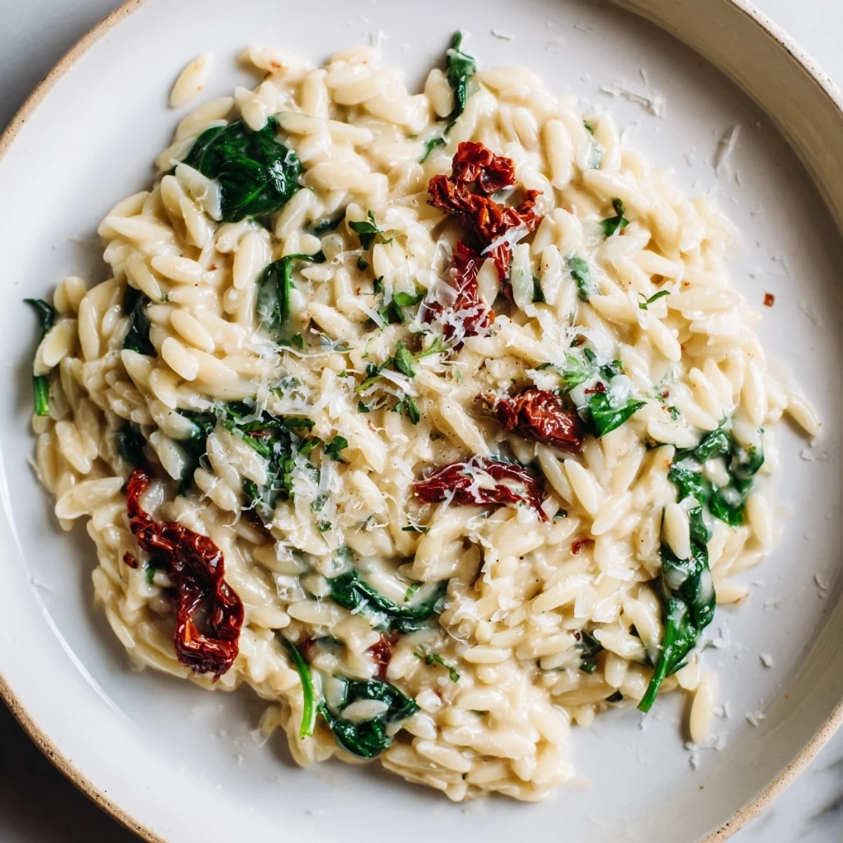 Creamy Tuscan Orzo Bowl with vibrant sun-dried tomatoes and spinach, ready to savor.