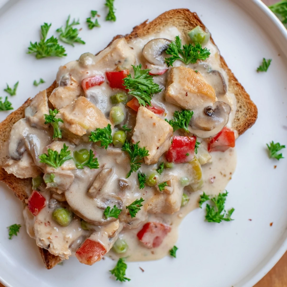 Creamy, rich Chicken à la King over buttered toast, a comforting American classic, warm and inviting.