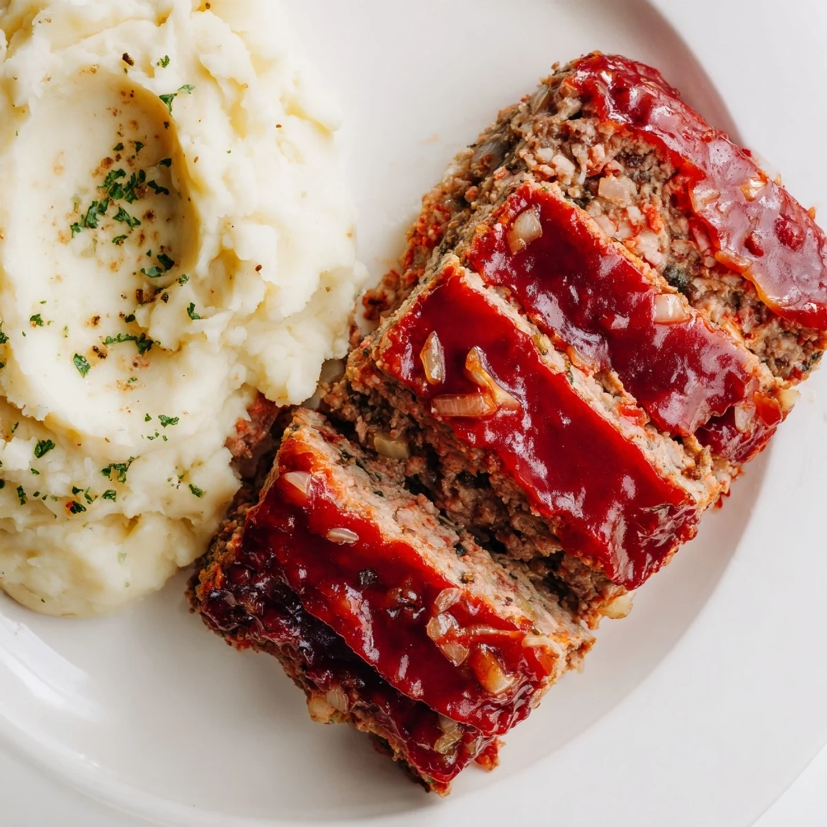 Classic meatloaf and mashed potatoes: A hearty family meal with a glazed surface and creamy potatoes.
