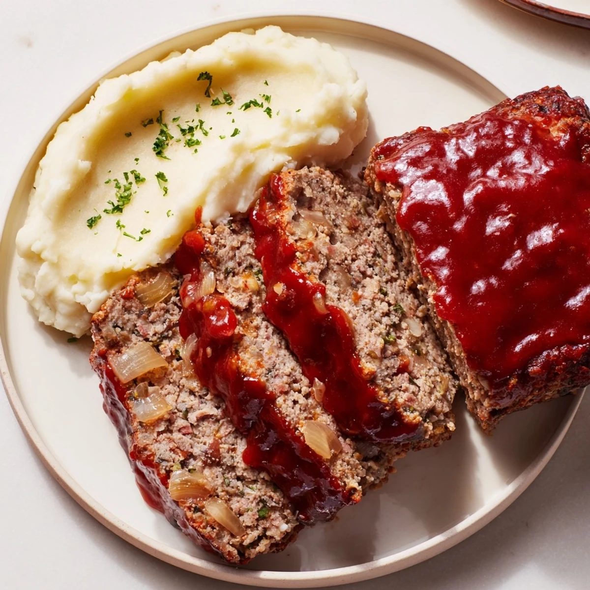 This picture showcases a delicious classic meatloaf, served hot, alongside fluffy, buttery mashed potatoes.