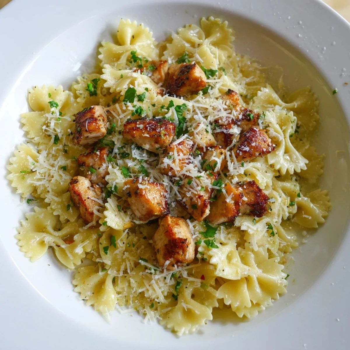 Golden-browned chicken and pasta blend beautifully in this comforting Mozzarella Garlic Butter Chicken Bowties.