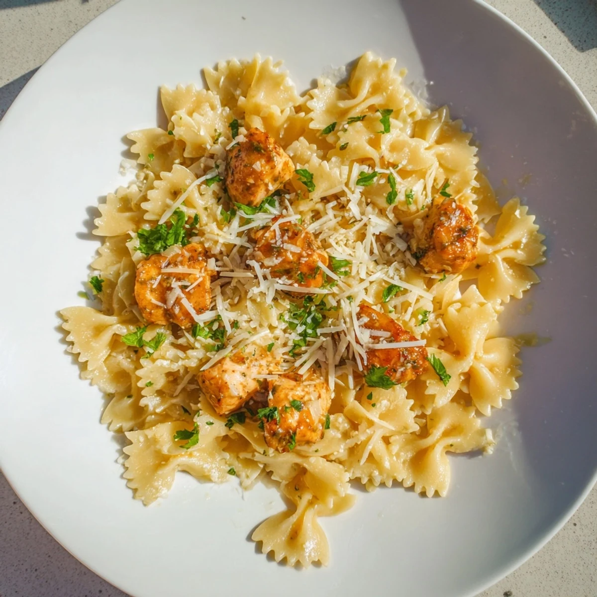 A warm bowl of Mozzarella Garlic Butter Chicken Bowties, creamy and cheesy, ready to eat.