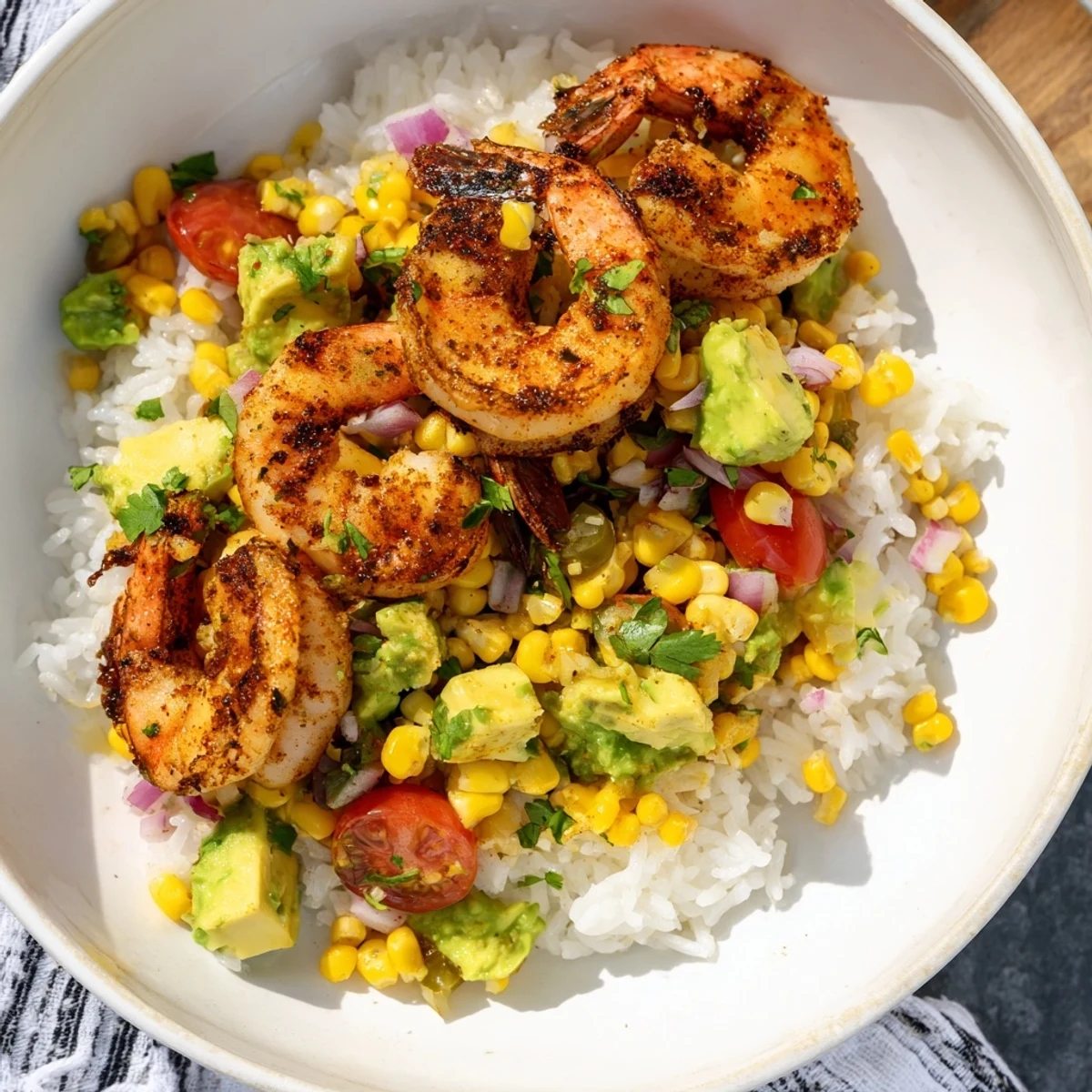 Grilled shrimp bowls feature succulent shrimp with a vibrant avocado corn salsa topping fresh rice.